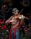 Placeholder: Gorgeous Realistic Photography a handsome young man a stunning adorned in vibrant luxury casual man clothing jeans carnival attire, headphones,playing violin standing in garden park flowers,ethereal beauty, black background, with swirling colors and fantastical tiny flowers, enchantment and grace, twisted vines, whimsical, surreal landscapes, emotive style, dreamlike quality, and magical realism, carnival red, ethereal pink, whimsical blue, vibrant green, celestial purple, golden amber