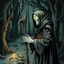 Placeholder: visual gnostic embalming atmosphere, Blind seer with milky white blank eyes leaning heavily on a crooked wooden staff in a magical dark swamp, seer has a grimoire tucked under an arm, surreal, modern comic book illustration reminiscent of Dave McKean and the 'Sandman' series, stylish,