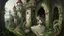 Placeholder: An intricately detailed painting in the style of Renaissance masters depicting an abandoned castle where some climbing and carnivorous plants still live, intertwined with them is a mysterious lady dressed in white