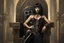 Placeholder: a slim Cleopatra, with a bob hairstyle, as a burlesque dancer in black boots, standing next to a black gothic throne, in a steampunk setting,