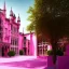 Placeholder: concept art, concept design, neogothic palace, neo gothic, aesteric, pink walls, pink exterior, glass exterior, english garden around, gardens, plants, trees, volumetric light, photorealistic, high quality, cinematic, sunny, natural blue sky, cozy clouds