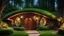 Placeholder: hobbit home in the woods surrounded by trees, night, hobbit-style circular door with central knocker, circular hobbit-style windows looking in onto warm wood furniture, cozy feeling, hobbits, home has green grass roof, lanterns, starlight, quaint, homely, inviting, LOTR, Tolkien