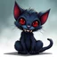 Placeholder: cartoon art from whimsical weird dark blue vampire cat with big head with crepy red eyes, big smile with sharp teeth, messy body hair, thin little body big paws sitting and looking devilishly, surreal crepy cute style , anime, comics, blur transparent background