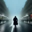 Placeholder: a man wearing a trench coat and hat walking down the street of london, lots of fog, dramatic, dramatic lighting, volumetric lighting, hyperrealism, 8k, high quality, photorealistic, lot of details