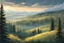 Placeholder: Landscape, raindrops on the windows, Cloud in the heights, Spruce trees in the fog. Grove. Fields, forest lakes. A fast train rushes by, Paths stretch into the distance. Evening. In the style of graphic arts, drawings, printmaking, (Dirk Dzimirski) High resolution, detailed close-up, ultra hd, realistic, vibrant colors, high detail, UHD, perfect composition, beautiful detailed complex insanely detailed octane render trend on artstation, 8k art photography, photorealistic concept art, bokeh,
