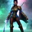 Placeholder: Full body, fantasy setting, heroic fantasy, woman, dark skin, Indian, 20 years old, half-hawk haircut, magician, warrior, hourglass body shape, bicolor hair, muscular, cinematic, Arabian clothes, insanely detailed