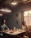 Placeholder: Realistic scene, American shot view, 0 gravity, levitating man and woman sitting in cafeteria and having breakfast, Wes Anderson, fly, floating, soft color, highly detailed, unreal engine 5, ray tracing, RTX, lumen lighting, ultra detail, volumetric lighting, 3d, finely drawn, high definition, high resolution.