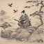 Placeholder: An ink drawing on paper of Hotei watching fighting birds, by Musashi.