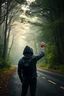 Placeholder: Fantasy forest road a man with hood waiting for a ride raising one hand to the driver to stop on the side of the road