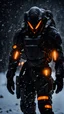 Placeholder: A alien soldier monster , distant full body portrait in a landscape , wearing black whit orange lights , during a snow storm,,,ice, cold, dark lighting, ,,, intricate details, depth of field, in a cold snowstorm, ,, outdoors, night,