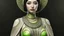 Placeholder: pale alien woman wearing exotic clothing. Black hair bob