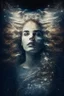 Placeholder: Kobieta Piekna polaczony z kosmosem I muzyka portrait of a powerful, celestial figure, with flowing, star-studded hair and eyes. Double exposure technique