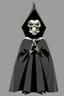 Placeholder: 1950s goofy vinyl toy of skull face character wearing a black hooded cloak, drawn in a early animation rubber hose animation style, inside a diamond shape on a black background, monochromatic