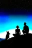 Placeholder: black background on a mountaintop and three silhouettes of a fit man, a silhouette of a fit woman, and silhouette of a Belgian malinois sitting next to the men and the woman looking at the stars