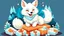 Placeholder: fantasy cartoon style illustration: happy Arctic white fox wraps Christmas gifts.