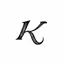 Placeholder: the letter K on a in a thick flowing font, smooth black letter, engraved