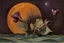 Placeholder: small flower o'keeffe, blue, purple, organic, free, simple, light, damp, wavy, big yellowy moon in the background