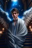 Placeholder: fluffy clouds, intense eyes, white iris, close facial portrait of the streetwise magician posing in elaborate cape, angels and demons, fireflies , staircase with closed gates of heaven, 4 k, down light, depth of field, trending art, high detail