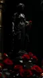 Placeholder: The statue of justice is filled with blood, carrying a scale full of red roses, and poppy flowers grow from underneath it and climb the statue. Dark garden background cinematic.9:16