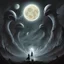 Placeholder: The moons in the sky are Aedra divine beings two large bright shinning moons and one darker shadow moon, in Phyrexian Horror art style