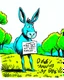 Placeholder: 3D Sketch style, ink, modern aesthetic, elegant and abstract image of a blue, anthropomorphic donkey, with big ears, with a speech bubble that says "Don't be an ass!". The donkey is standing in a lush green field with some trees.