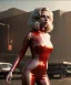 Placeholder: retro sci-fi portrait image from 1980, supermarket parking explosion, fire, scared people, blonde woman walking, young Scarlett Johansson face, tight latex suit, soft color, highly detailed, unreal engine 5, ray tracing, RTX, lumen lighting, ultra detail, volumetric lighting, 3d, finely drawn, high definition, high resolution.