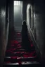 Placeholder: a broken red rose and a broken, bloody, torn, beaten woman lies at the bottom of a dirty staircase. At the top of the stairs stands the silhouette of a massive man, behind him a small light leaks through an open door, dramatic, gloomy atmosphere, sad, weird, dark colors, cinematic, realistic picture