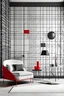 Placeholder: Create handpainted wall mural with an abstract grid composition, inspired by the minimalistic aesthetics of Bauhaus. Use a palette dominated by black and white, with a subtle touch of red for emphasis