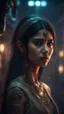 Placeholder: Shi Fi, a beautiful Indian girl ,atmospheric lighting effects, intricate industrial details, moody atmosphere, eerie grimdark ambiance, complex motherboard accents, speculative fiction art. Bokeh