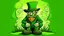 Placeholder: fantasy cartoon illustration: in the grass sits a real live leprechaun! He is dressed in green from the tip of his toes to the top of his hat.