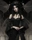 Placeholder: gothic, steampunk delicate mefull-length, young woman dressed like a modern-day witch, with dark hair, outside a shoptal woman, dragonfly, wings, black background