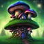 Placeholder: vibrant indigo and green mushroom house on dirt pillar grassy top outer space. stars, grass, mushroom house, dirt pillar. Detailed gloss Painting, rich color, fantastical, intricate detail, splash screen, hyperdetailed, insane depth, concept art, 8k resolution, trending on artstation