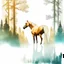 Placeholder: Artistic double exposure digital illustration featuring a Palomino horse with a forest scene inside its silhouette. The horse stands against a clean white background, with detailed trees, a river, and other forest elements visible within its form. no brush marks, realistic maximalist oil painting style, ultra quality