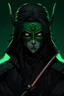 Placeholder: f ultra detail. is man. green ruby eyes. black hair. black cyberpunk shirt. rtx. japan katana sword. located on an empty background in the distance. there is a black medic mask on the face and a hood is put on the head, there are not large green demonic horns on the head