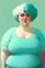 Placeholder: woman, short hair, curly hair, light blue hair, light green eyes, chubby shape, fat body, white skin, hollowed shirt,