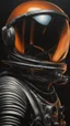 Placeholder: an oil painting by H. R. Giger of an astronaut's helmet and visor on the black background, the face is seen through it, there’s orange light coming from inside the space suit, dark lighting, minimalistic design, dark colors, horror art --ar 51:64 --v 5. 2