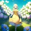 Placeholder: anime girl holding on to a dried dandelion flower and blowing the dried seeds into the air as the wind carries them away. outdoors scene.anime girl standing in a meadow of flowers. thw wind is blowing flower pedals into the wind. girl wearing yellow dress. more emphasis on seeds floating in the air