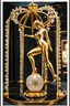 Placeholder: A magnificent cristal and gold heart-shaped sign adorned with a stunning berliant sphere encrusted with sparkling diamond clusters at its center, elegantly spinning in position,a golden statue of a girl in standing pose