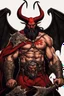 Placeholder: old man, black beard, angry, muscle, skin red , red body, black goat horns, black bat wings, long black haired, devil appearance, satan, diabolic scars, black old armor, golden necklace cross, hell background.