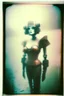 Placeholder: steampunk, vintage analog polaroid of a woman robot, female body, fog, lomography, heavy film grain, rain, color bleed, depth of field, bokeh, retro