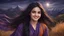 Placeholder: Hyper Realistic Close-up-face-view of a Beautiful Young Happy Pashto Girl with beautiful-eyes & long-black-hair smiling & wearing purple-&-orange-embroidery-dress-with-black-shawl whirling with breeze, tall-grass along with a thick-tree on mountain top & cloudy-moonlight at night showing dramatic & cinematic ambiance