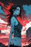 Placeholder: Dark outline line art anime style double exposure of a silhouette of a cyberpunk-inspired woman standing in front of a landscape shot of an active war zone with distant explosions, light black and red long hair, light blue eyes, short red and white tank top, hands on hips, (looking intently at viewer), (viewer from low ground level view with focus on eyes), (double exposure), (inspired by Cyberpunk mixed with Code Geass mixed with Fate: Grand Order), (giant red moon in background), (vibrant colo