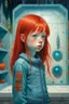 Placeholder: Little girl with red hair in Cyberpunk wunderkammer painted by Magritte, unsane details, soft colors