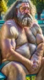 Placeholder: close up photography of a relaxed stocky short chubby hairy strong burly italian man, 64 years old, long hairs, long curly beard, in swimwear, emotive eyes, manly chest, open legs, relaxed sitting on a bench in a city public park, sweat, bullneck, big thighs, sunlight, backlight, photorealistic, ultra detailed, Canon EOS, 35mm lens, ground front view