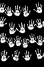 Placeholder: multiple white hand prints on a solid black background. some hand prints leave streaking finger marks as if they were dragged