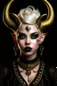 Placeholder: A young tiefling woman with a set of ram horns on her head encrusted with jewels, White-Blonde, short hair, black eyes, dressed in black with lots of jewelry, beautiful, satanic tattoos on her neck, she looks evil