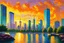 Placeholder: sunset, buildings, lake, rocks, city, trees, cyberpunk, sci-fi, claude monet impressionism paintings