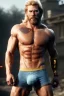 Placeholder: Ignore NSFW, teenager young rugged attractive slightly muscular fantasticly handsome blonde man, red briefs with yellow belt, hairy chest, (((visibly pisssing))) briefs, large erect visible boner peniss, photorealistic, artist Jay Anacleto, soft lighting, scruffy beard