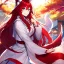 Placeholder: Clear focus, 8k, beautiful lighting, vibrant colors, fox girl, red hair, long hair, white eyes, miko, tail, smile,