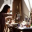 Placeholder: Close up of Beautiful female artist painting a self portrait in her attic studio, dramatic light, shadows